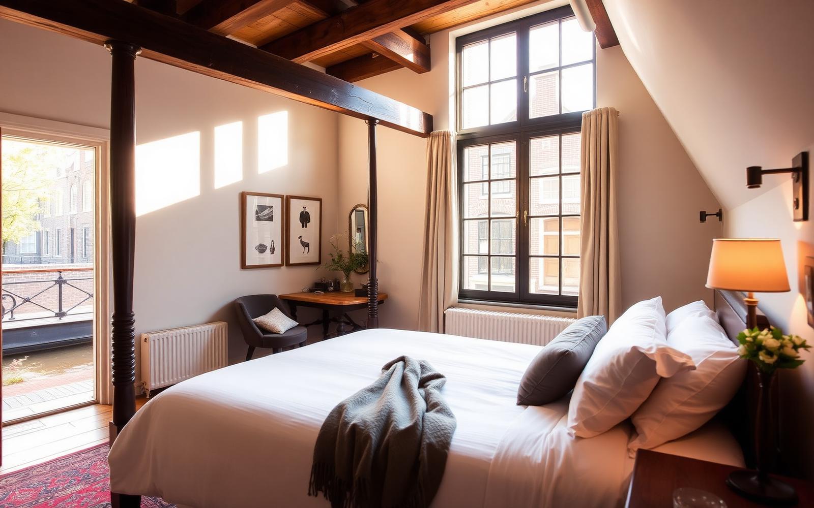 Bright hotel room in a historic Leiden canal house