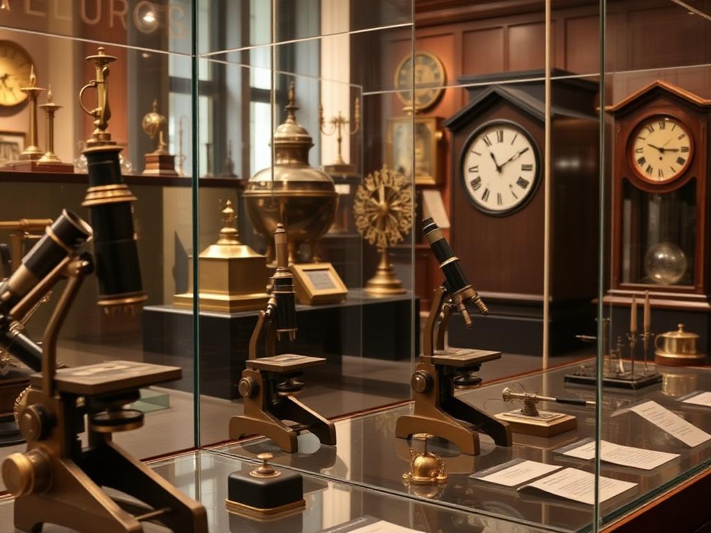 Historic scientific instruments displayed in a museum Historic scientific instruments displayed in a museum