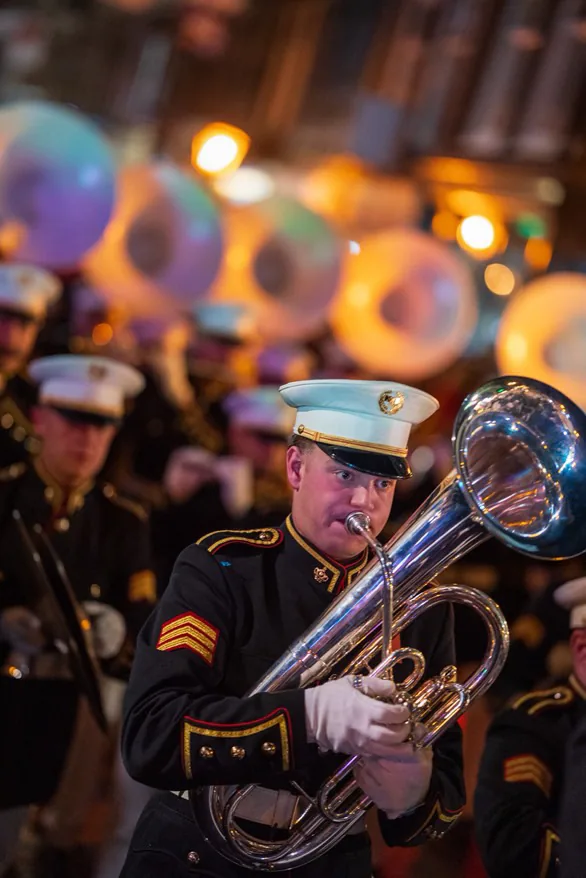 Musician with a bugle in a marching band during the Leidens Ontzet tattoo in Leiden