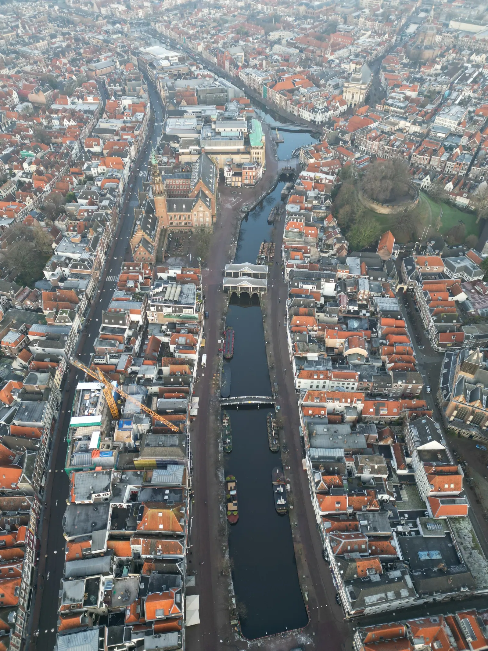 Aerial view of Leiden's historic city centre with canals and bridges