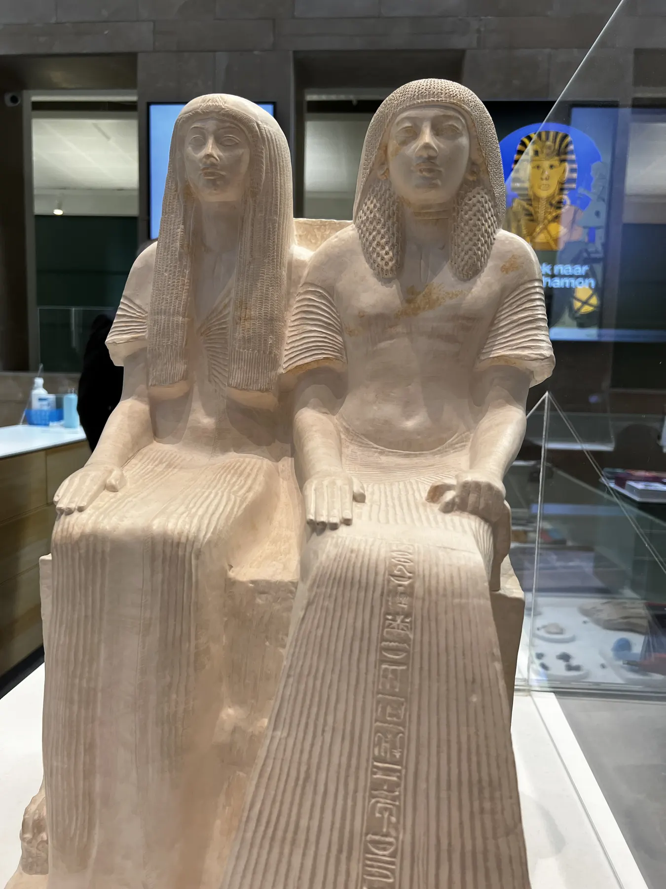 Egyptian limestone double statue of a couple at the National Museum of Antiquities in Leiden Egyptian limestone double statue of a couple at the National Museum of Antiquities in Leiden