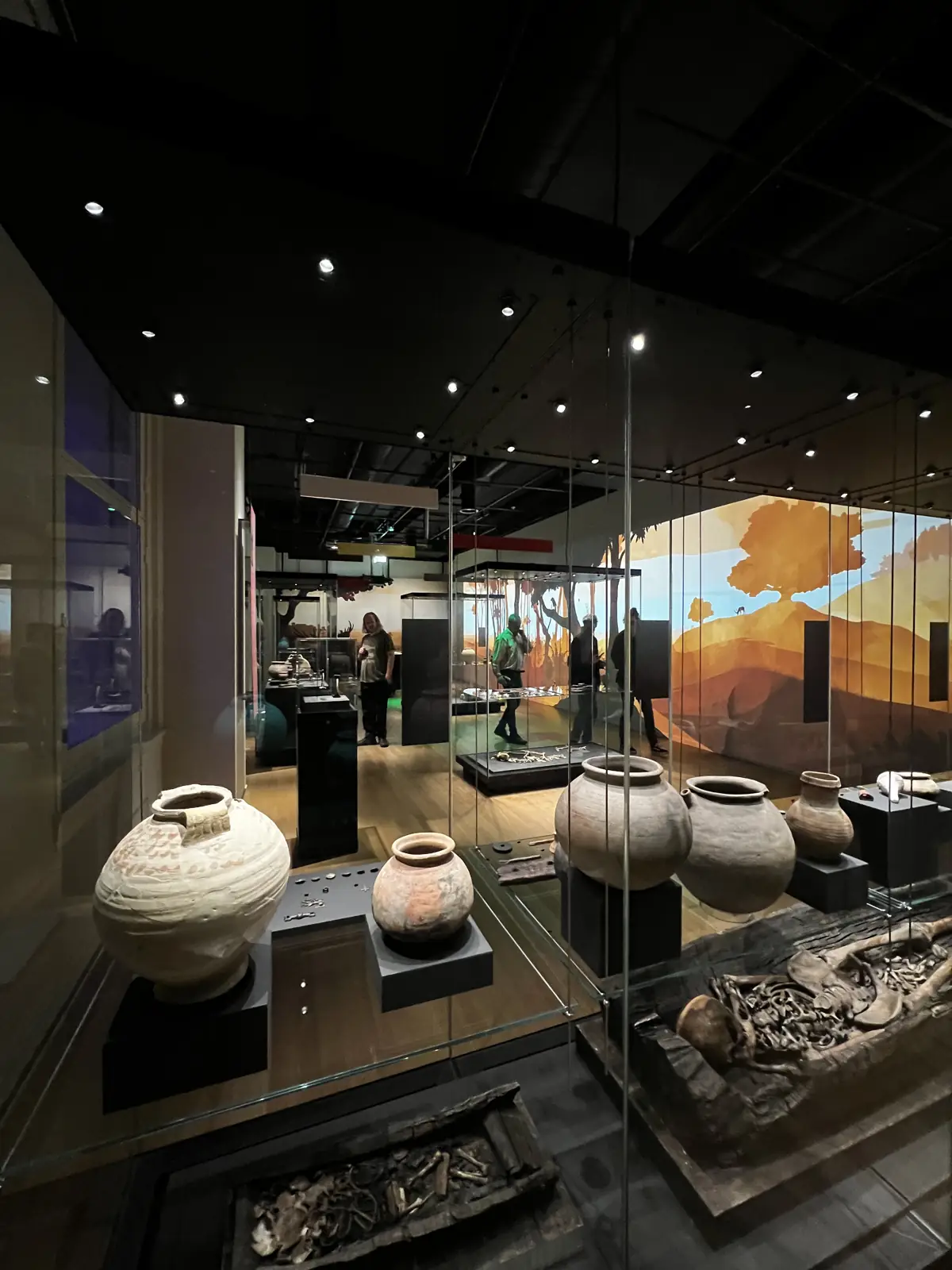 Display cases with ancient pots and vases at the National Museum of Antiquities in Leiden